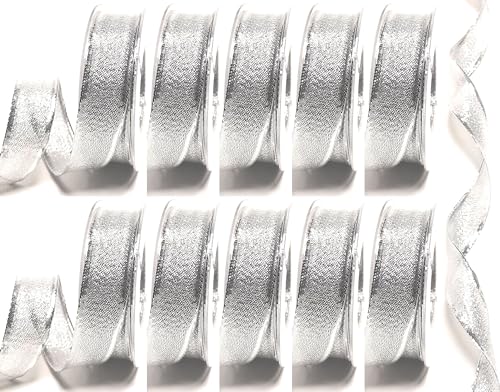 10 Rollen Schleifenband á 25m x 25mm Silber mit abgesetzten Kanten Dekoband mit Drahteinlagen [3024] von s.dekoda