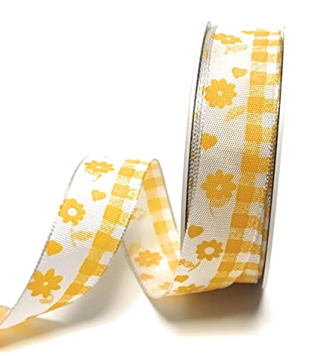 Schleifenband 20m x 25mm Blümchen weiß - gelb Herz Blumen Dekoband Herzband [6215] von s.dekoda