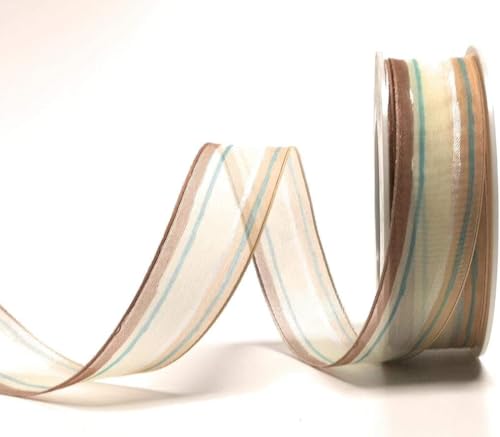 Schleifenband Organza 20m x 25mm creme - türkis gestreift Streifen Dekoband Geschenkband [10797-202] von s.dekoda