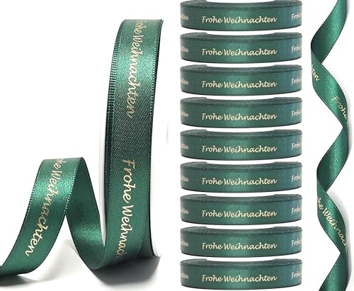 s.dekoda 10 Rollen Schleifenband á 25m x 15mm Frohe Weihnachten Grün - Gold Satinband Dekoband Weihnachtsband von s.dekoda