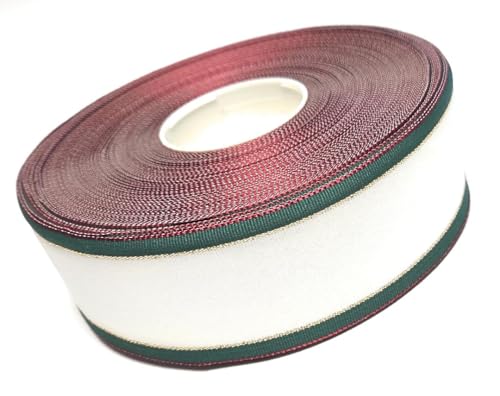 s.dekoda Dekoband ca. 60 Meter x 50mm Weiß (Cremeweiß) Grün Gold Schleifenband Dekoband, weinrote Kanten von s.dekoda