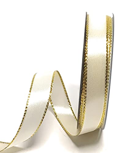s.dekoda Satinband 25m x 15mm Cremeweiß mit Goldkante Doppelsatinband Geschenkband Weihnachtsband [1371] von s.dekoda
