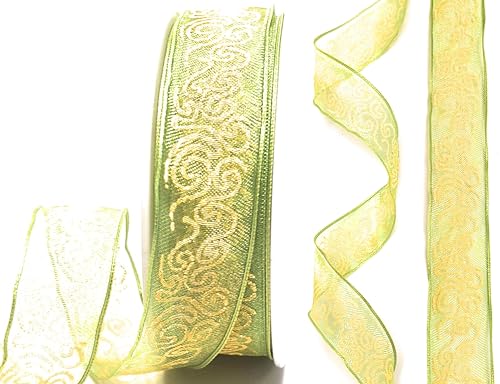 s.dekoda Schleifenband 20m x 25mm Grün - Gelb Ornamente Ornamentband Organza Dekoband Geschenkband [D1200] von s.dekoda