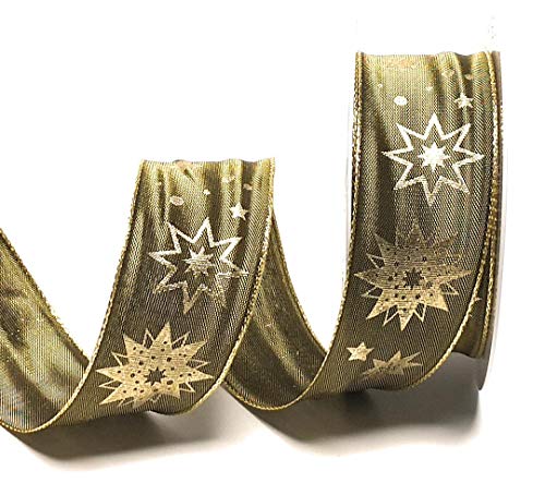 s.dekoda Schleifenband 20m x 40mm Grün Olive - Gold Sterne Dekoband Geschenkband Weihnachten [5124] von s.dekoda