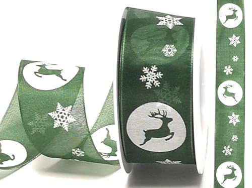 s.dekoda Schleifenband 20m x 40mm Grün - Weiß Hirsch Rentier Organza Geschenkband Dekoband Motivband [D1804] von s.dekoda