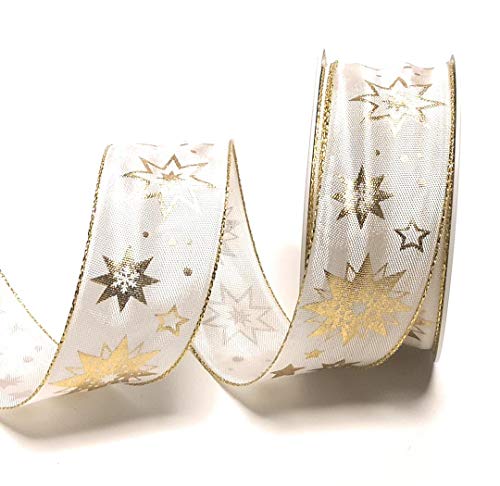 s.dekoda Schleifenband 20m x 40mm Weiß - Gold Sterne Dekoband Geschenkband Weihnachten [5124] von s.dekoda