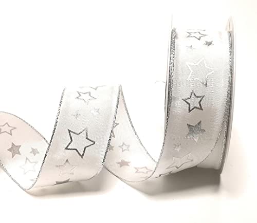 s.dekoda Schleifenband 20m x 40mm Weiß - Silber Sterne Dekoband Geschenkband Weihnachten [1755] von s.dekoda