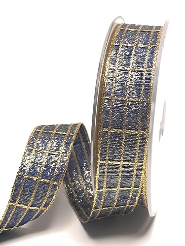 s.dekoda Schleifenband 25m x 25mm Blau - Gold kariert Karoband Dekoband Geschenkband Lurexkaro [D1078] von s.dekoda
