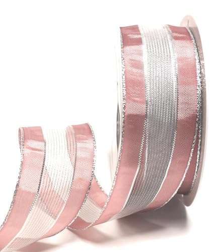 s.dekoda Schleifenband 25m x 40mm Altrosa - Silber Gestreift mit farbigen Rändern Dekoband Geschenkband [D5140] von s.dekoda