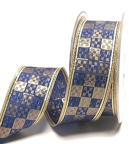 s.dekoda Schleifenband 25m x 40mm Blau - Gold kariert Karoband Dekoband Geschenkband Lurexkante [D1080] von s.dekoda