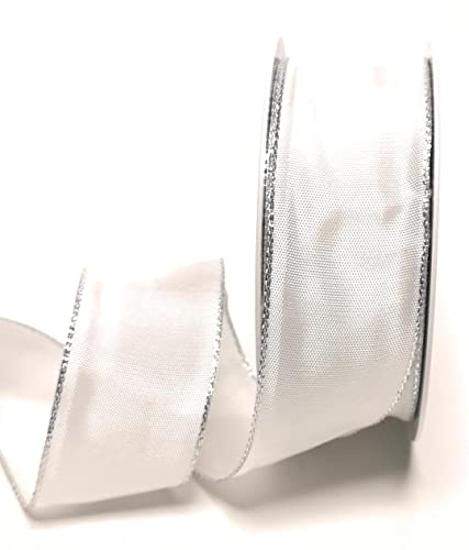 s.dekoda Schleifenband 25m x 40mm Weiß - Silber Drahtband Geschenkband Dekoband [5121] von s.dekoda
