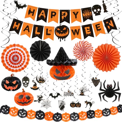 saerryor 38 Stück Halloween-Dekorationen, Happy Halloween-Banner, hängende Wabenbälle, Flagge, hängende Papier-wiederverwendbare Dekorationen für Zuhause, Büro, Schule, Garten, Geschäft von saerryor