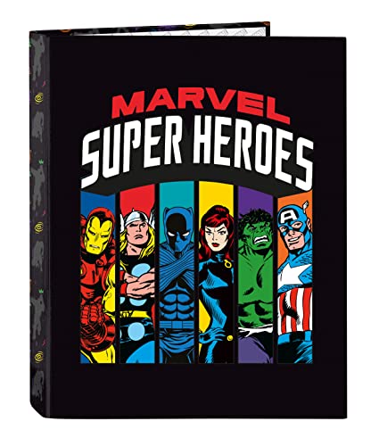 Avengers Super Heroes - Ringbuch mit 4 Ringen, ideal für Kinder verschiedener Altersgruppen, bequem und vielseitig, Qualität und Widerstandsfähigkeit, 26,5 x 33 cm, Schwarz von safta