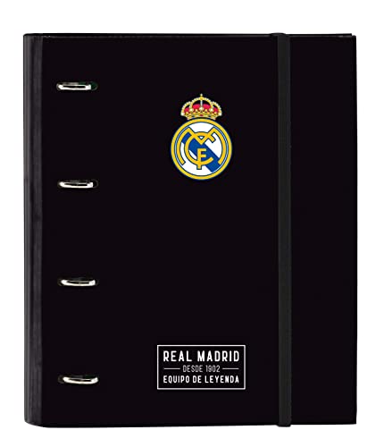 Safta Real Madrid Corporativa Ringbuch, 4 Ringe, 35 cm, mit 100 A4-Blättern, ideal für Kinder verschiedener Altersgruppen, bequem und vielseitig, Qualität und Stärke, 27 x 3,5 x 32 cm, Schwarz von safta