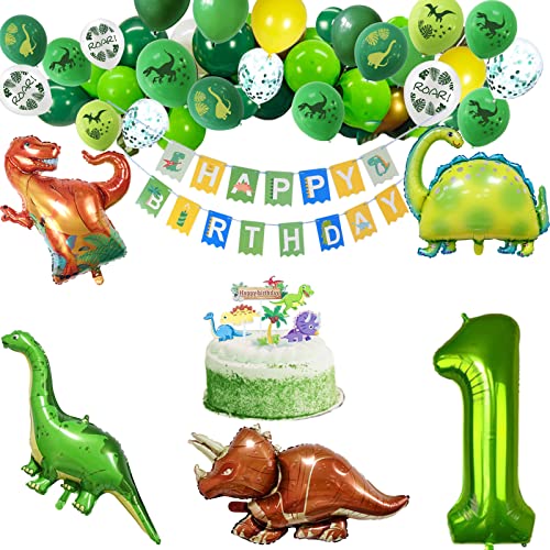 Dino Ballons Geburtstag Deko，Geburtstagsdeko 1 Jahr alt， Dinosaurier Cake Topper,Alles Gute zum Geburtstagsbanner，Dschungel Party Deko(48 Stück) von saizone