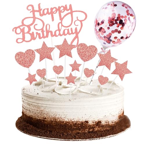 Kuchendeko, 15PCS Geburstagstorte Deko Kuchendeckel,Tortendeko Sterne Herz Cupcake Topper mit Glitzer Ballon Geburtstag Cupcake Kuchendekoration geburtstag mädchen Geburtstagsfeier Dekor( Rose Gold ) von saizone