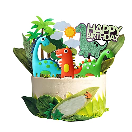 Tortendeko Dino - Dinosaurier Alles Gute zum Geburtstag Cake Topper Wald Grünes Blatt Cake Topper Dino Kuchen,Cupcake Topper für Baby Kinder Jungen Party Dekoration von saizone
