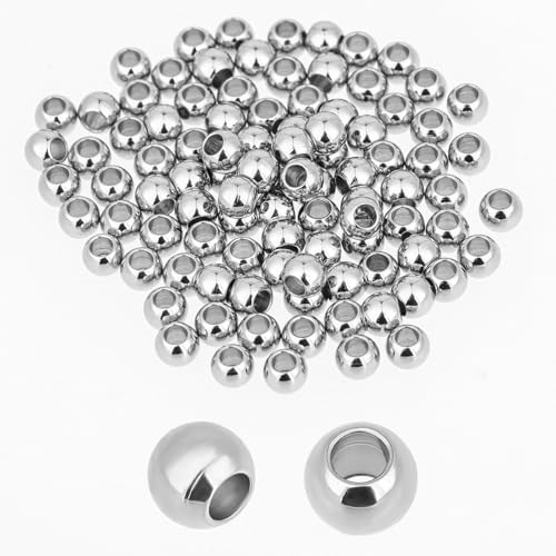 100 Stück Silber Abstandshalter Perlen 6 mm Edelstahl Silberne Abstandsperlen, Großes Loch Glatte, Runde Abstandsperlen für die Schmuckherstellung, 2.5mm Paracord Perlen für DIY Armbändern, Halsketten von salbsever