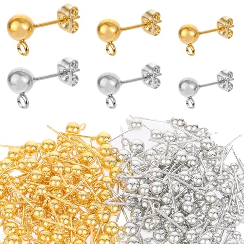 Kugelohrstecker mit 240 Stück Schmetterlings-Ohr-Verschlüssen, runde Kugel-Ohrstecker mit Ring für DIY-Schmuckherstellung, Gold und Silber, 210 Stück Kugelohrstecker mit 240 Stück Schmetterlings-Ohr-Verschlüssen, runde Kugel-Ohrstecker mit Ring für DIY-Schmuckherstellung, Gold und Silber, 210 Stück von salbsever