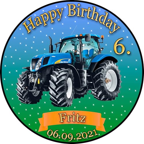 Tortenaufleger Fototorte Tortenbild Kindergeburtstag Fahrzeuge Traktor Trecker FZ02 (Zuckerpapier) Rund 14 cm Ø ohne Foto Blau von sales-world24