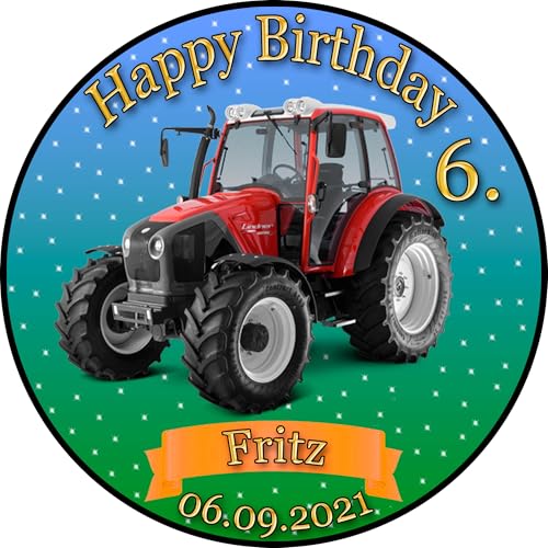 Tortenaufleger Fototorte Tortenbild Kindergeburtstag Fahrzeuge Traktor Trecker FZ02 (Zuckerpapier) Rund 14 cm Ø ohne Foto Rot von sales-world24