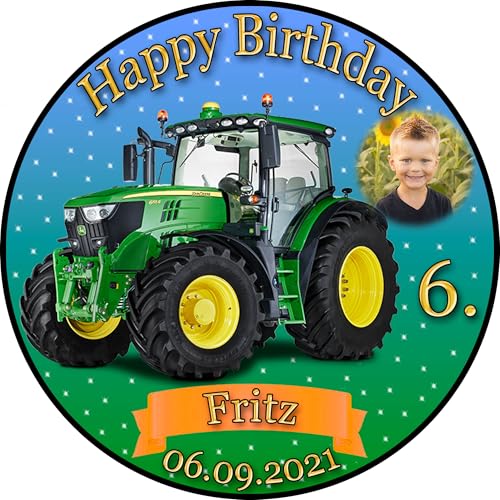Tortenaufleger Fototorte Tortenbild Kindergeburtstag Fahrzeuge Traktor Trecker FZ02 (Zuckerpapier) Rund 20 cm Ø mit Foto Grün von sales-world24