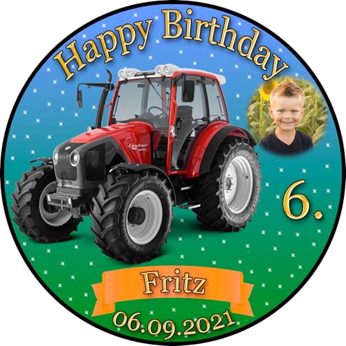 Tortenaufleger Fototorte Tortenbild Kindergeburtstag Fahrzeuge Traktor Trecker FZ02 (Zuckerpapier) Rund 20 cm Ø mit Foto Rot von sales-world24