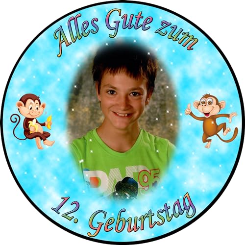 Tortenaufleger Fototorte Tortenbild zum Geburtstag Motiv: Affen (Zuckerpapier) Rund 20 cm Ø Türkis von sales-world24
