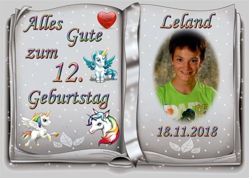 Tortenaufleger Fototorte Tortenbild zum Geburtstag Motiv: Einhorn (Zuckerpapier) DIN A4 Buchform Silber von sales-world24