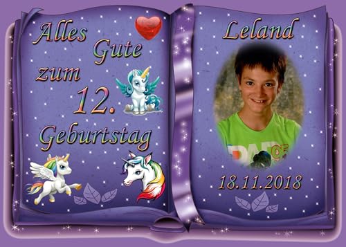 Tortenaufleger Fototorte Tortenbild zum Geburtstag Motiv: Einhorn (Zuckerpapier) DIN A4 Buchform Violett von sales-world24