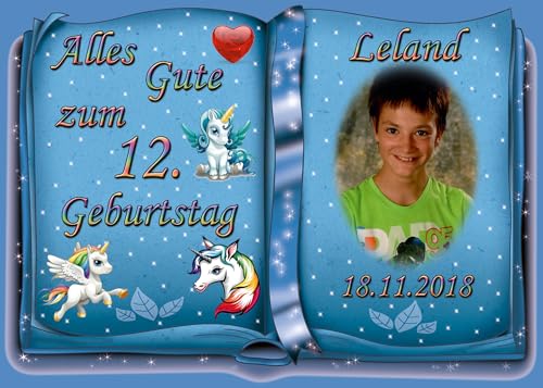 Tortenaufleger Fototorte Tortenbild zum Geburtstag Motiv: Einhorn (Zuckerpapier) DIN A5 Buchform Blau von sales-world24