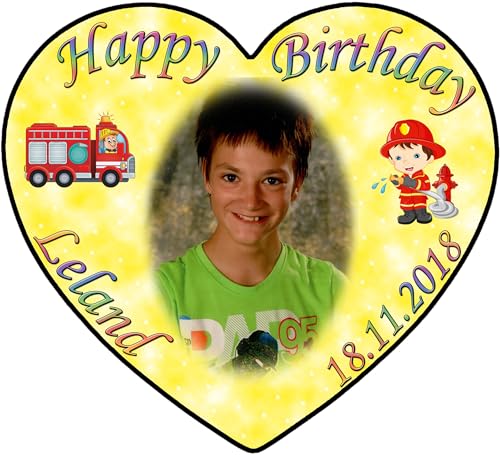 Tortenaufleger Fototorte Tortenbild zum Geburtstag Motiv: Feuerwehr (Zuckerpapier) Herzform 22 x 20 cm Gelb von sales-world24