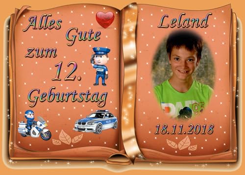 Tortenaufleger Fototorte Tortenbild zum Geburtstag Motiv: Polizei (Zuckerpapier) DIN A4 Buchform Orange von sales-world24