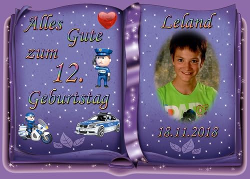 Tortenaufleger Fototorte Tortenbild zum Geburtstag Motiv: Polizei (Zuckerpapier) DIN A5 Buchform Violett von sales-world24