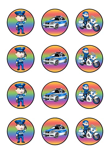 sales-world24 Muffinaufleger Cupcakes Muffins Kindergeburtstag Polizei Polizist P01 (Zuckerpapier, 12 Stück, Rund, Blau-weiß, Kunststoff, Wiederverwendbar, Geburtstag, Party) von sales-world24