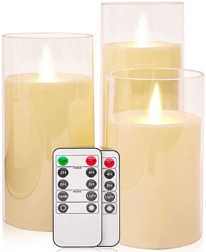 salipt LED Kerzen im Glas, Flammenlose Kerzen mit Beweglicher Flamme, Elektrische Kerzen mit Fernbedienung, 3er-Set Kerze mit Timer, Durchmesser 7.6 cm, Höhe 10.2 12.7 15.3 cm - Weiß von salipt