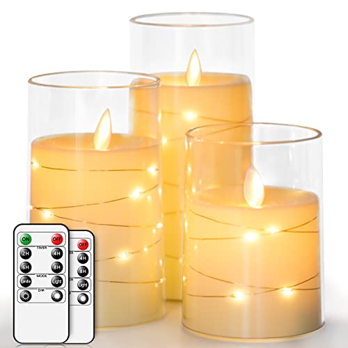 salipt LED Kerzen im Glas, Flammenlose Kerzen mit Beweglicher Flamme, Elektrische Kerzen mit Fernbedienung, 3er-Set Kerze mit Timer, Durchmesser 7.6 cm, Höhe 10.2 12.7 15.3 cm - Lichterkette von salipt