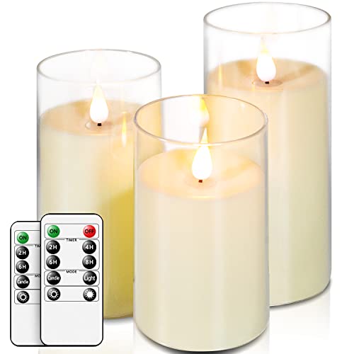 salipt LED Kerzen im Glas, Flammenlose Kerzen mit Beweglicher Flamme, Elektrische Kerzen mit Fernbedienung, 3er-Set Kerze mit Timer, Durchmesser 7.6 cm, Höhe 12.7 15.3 17.8 cm - Weiß von salipt