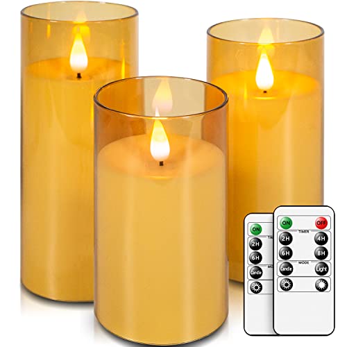 salipt LED Kerzen im Glas, Flammenlose Kerzen mit Beweglicher Flamme, Elektrische Kerzen mit Fernbedienung, 3er-Set Kerze mit Timer, Durchmesser 7.6 cm, Höhe 12.7 15.3 17.8 cm - Gelb von salipt