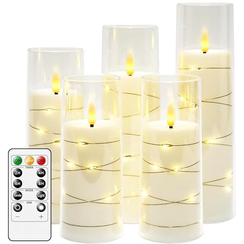 salipt LED Kerzen im Glas, Flammenlose Kerzen mit Fernbedienung, Beweglicher Flamme, Elektrische Kerzen mit Lichterkette, 5er-Set Kerze mit Timer, D 5.8 cm, H 12.7 15.3 17.8 20.3 cm - Weiß von salipt