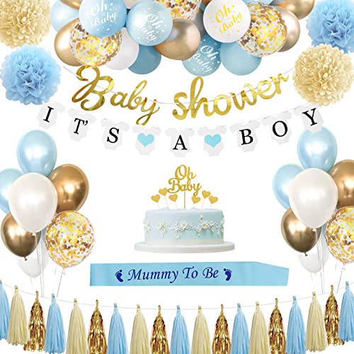 Babyparty Deko Junge, Baby Shower Deko Boy, Blau Weiß Babyparty Deko mit Mummy to be Schärpe, Luftballons, Baby Shower Banner für Jungen Babyparty von sancuanyi