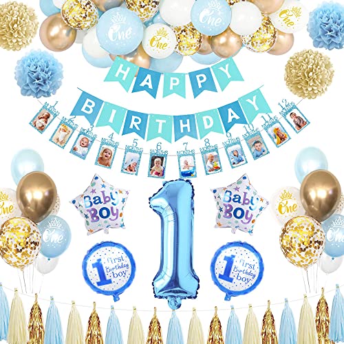 Sancuanyi Erster Geburtstagsdeko Jungen 1 Jahr, Fotogirlande Luftballons Blau 1. Geburtstag, Deko 1 Geburtstag Junge mit Happy Birthday Banner, Ballon Girlande für Kindergeburtstag Party Deko von sancuanyi