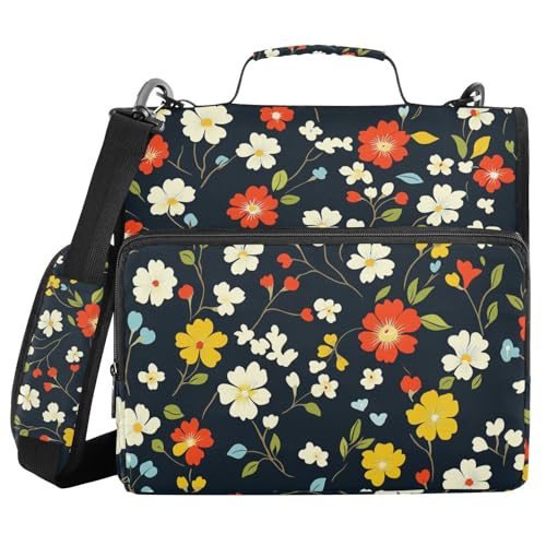 Black Little Flowers Ringbuch mit 3 Ringen, 3,8 cm, mit extra Taschen mit Griff, leicht zu transportieren, Dokumenten-Aufbewahrungstasche, geeignet für Mittelschule von sanluoli