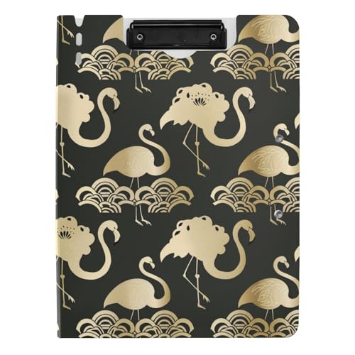 Faltbare Klemmbretter mit traditionellem chinesischem Muster, Flamingo, Schwarz-Gold, A4-Klemmbrett, Folio-Ordner, doppelte Metall-Clips, Stifthalter, Still-Clipboard mit Abdeckung von sanluoli