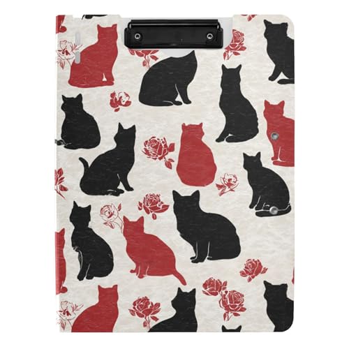 Faltbares Klemmbrett schwarz rot Katze Rosen Silhouette A4 Klemmbrett Folio Binder horizontal und vertikal Doppelclips Still-Clipboard mit Abdeckung Faltbares Klemmbrett schwarz rot Katze Rosen Silhouette A4 Klemmbrett Folio Binder horizontal und vertikal Doppelclips Still-Clipboard mit Abdeckung von sanluoli