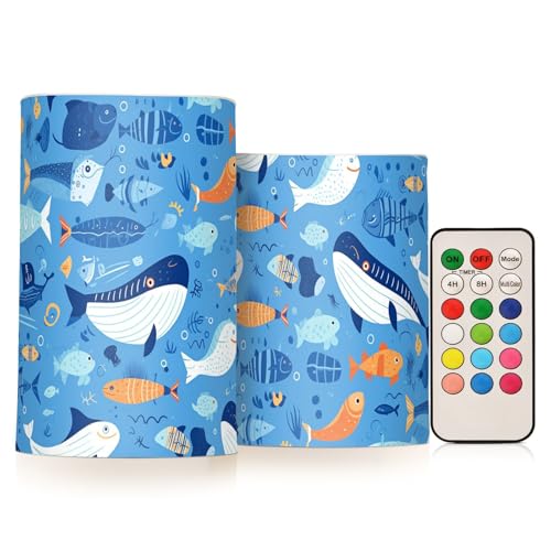 sanluoli Sea Animals Blue Marine Whales Flammenlose Kerzen mit Timer Batterie Kerze Elektronische Lichter Unparfümierte Fernbedienung für Schlafzimmer Batterie Votivkerze 2-teiliges Set von sanluoli
