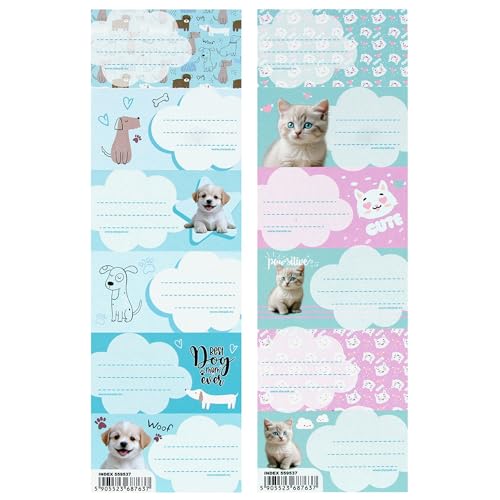 KATZE UND HUND Aufkleber FÜR HEFTE, Schulaufkleber mit Namen für Lehrbücher, SELBSTKLEBENDE Aufkleber SET MIT 12 STICKER (Katze und Hund) von sarcia.eu
