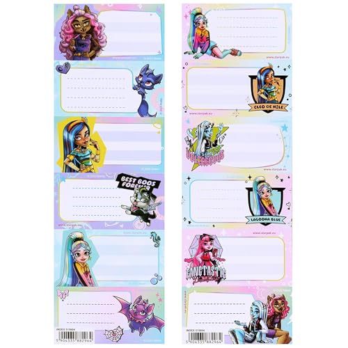 Monster High Notizbuch Aufkleber, Schulbuch Namensaufkleber, Selbstklebende Aufkleber, Set 12 Sticker (Monster High) von sarcia.eu
