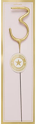 schenken-24 Wunderkerze Zahl 3 Gold für Geburtstage & Jubiläen oder besondere Anlässe, Höhe ca 20cm (inkl. Stab), Unparfümiert von schenken-24
