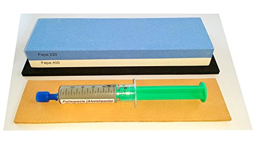 Messer-Schärf-Set, 3/5, 5cm breiter!!! Korund FEPA 220/400 + Leder + Polierpaste Messer-Schärf-Set, 3/5, 5cm breiter!!! Korund FEPA 220/400 + Leder + Polierpaste von scherenkauf